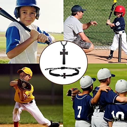 Бейсбольное колие от 2 теми за момчета и Бейзболни Гривни, Комплект Колие с отложено във формата на кръст от Неръждаема