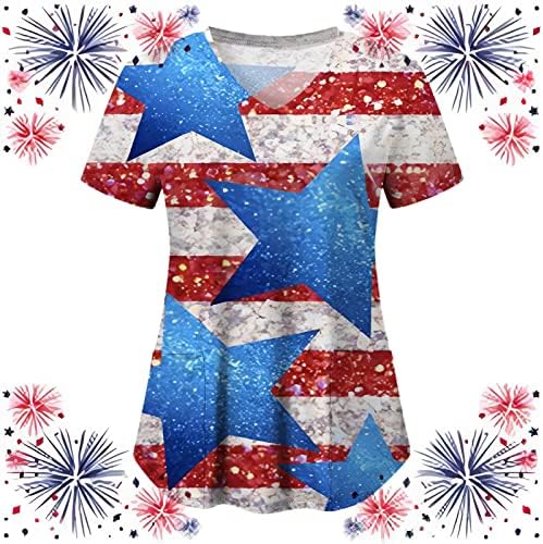 Женска Тениска с Флага на САЩ 4 юли, Лятна Тениска с Къс Ръкав и V-образно деколте и 2 Джобове, Блуза, Топ,