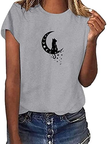 Жените Красиви Графики Тениски с кръгло деколте и Къс ръкав, Летни Ежедневни Тениски с Хубав Принтом Котка и Луната