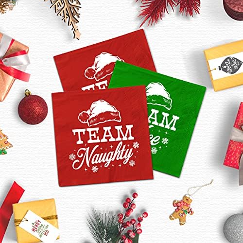 Коледни салфетки xo, Fetti Red, Green + White - 50 броя | Team Naughty + Team Ница 5х5, 3-слойна Кърпички за Коктейли,