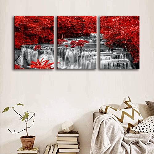 Yxbhhym Черно-бял и Червен Водопад Платно Стенно Изкуство Дървета на Гората Живопис Пейзаж Произведения на изкуството за