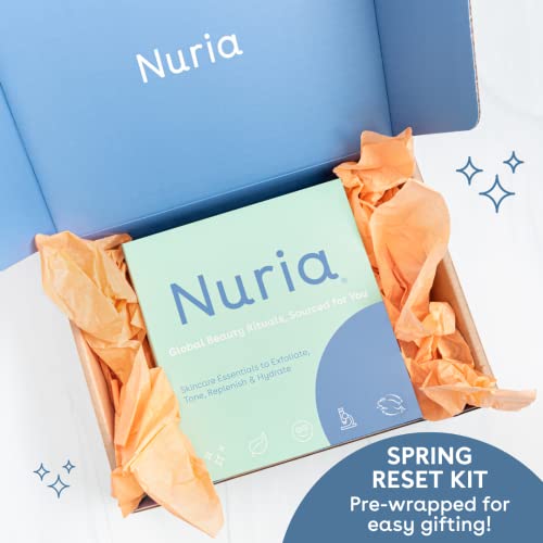 Nuria - Комплект Spring Reset с Пътен мини-пилинг за грижа за кожата на лицето, дневен хидратиращ крем за лице, Възстановителен нощен желе, 5 двойки маски под очите и чифт гум?