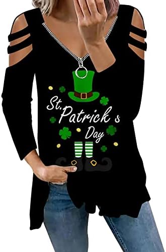 Ризи на Деня на Св. Патрик за Жени, Сексуална Тениски с V-образно деколте и деколте с цип, С открити Рамене, С Дълъг Ръкав, Зелена