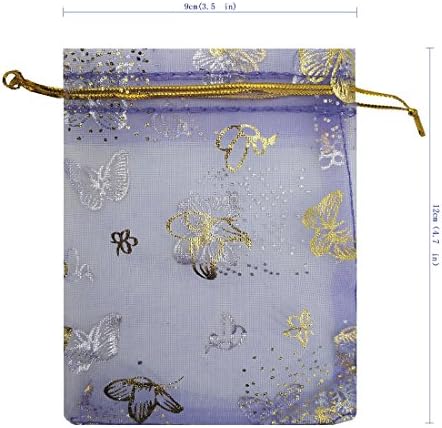 Ankirol 100шт Мини-Прозрачни Сватбени торбички от Органза 3,5x4,5 Луксозни Бижута, Подаръци Карта за Бонбони, Чанта със Златна Линия, Завязки, Пеперуди (светло виолетово)