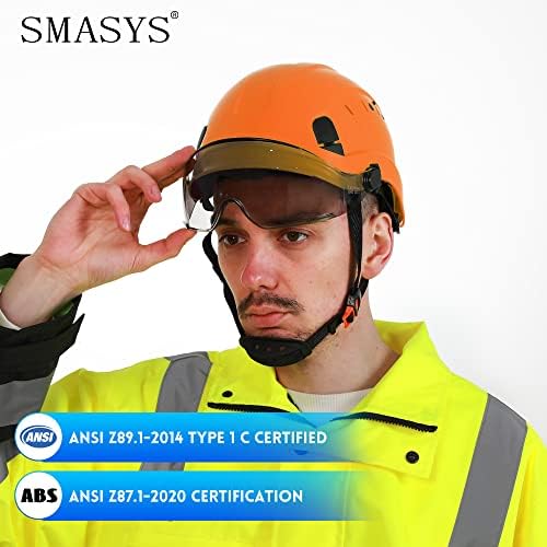 Защитна каска SMASYS ABS Каска с Регулируема козирка 6-Точков окачване Е подходящ за строителство (Оранжево, опушен козирка),
