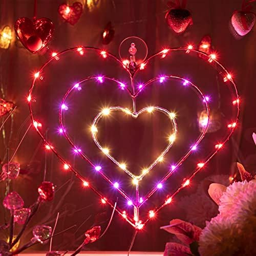 Meonum Прозорец, лампа за Свети Валентин, 8 Режими, 56 led, Червени, Розови, Бели, под формата на Силует на Сърцето,