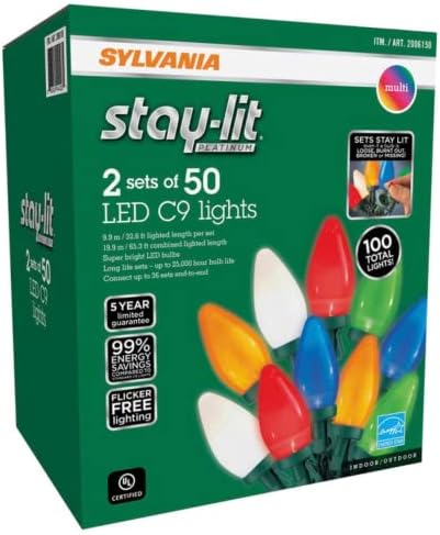 Струнни лампи SYLVANIA Stay-Lit Platinum LED C9, 2 комплекта по 50 броя, Вътре / вън