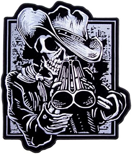 Отличен Каубойски Скелет от кожа с Бродирани байкерской Нашивкой с Пушка-Бял-Средна