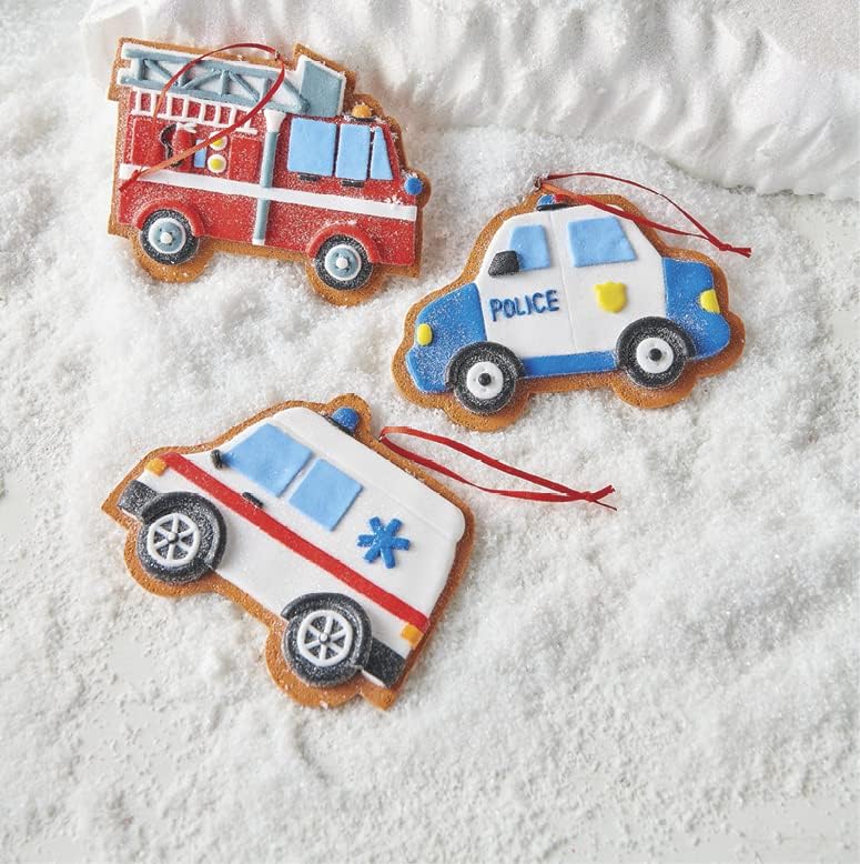 Натруфен линейки Полицейска кола на Пожарната Коледна Фигурка Украса 5 Комплект от 3 Герои на Здравеопазването Окачен