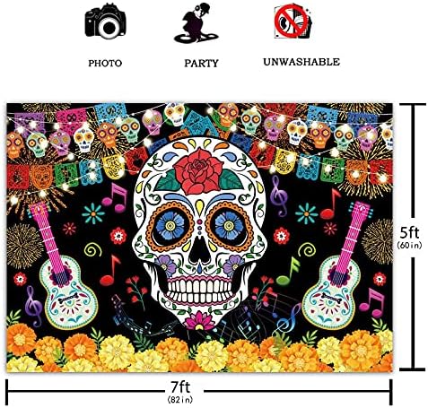 Funnytree 7x5 фута Ден на мъртвите Фон за парти Мексиканска Фиеста Череп Цветя Тематичен Фон за снимки Dia De Los