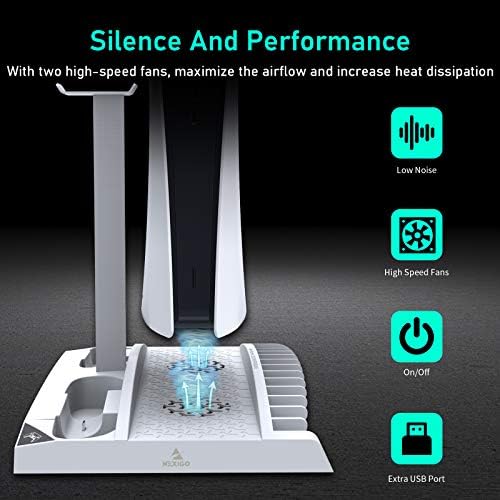 NexiGo Подобрена вертикална поставка с вентилатор за охлаждане за дискове PS5 и цифрови издания, зарядно за две контролери,