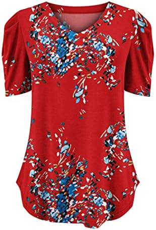 В памучна Дамска Блуза С Къс Буйни Ръкав 2023 Дълбоко V Образно Деколте Графичен Божур Цветен Принт Ежедневни Тениска за Момичета SE