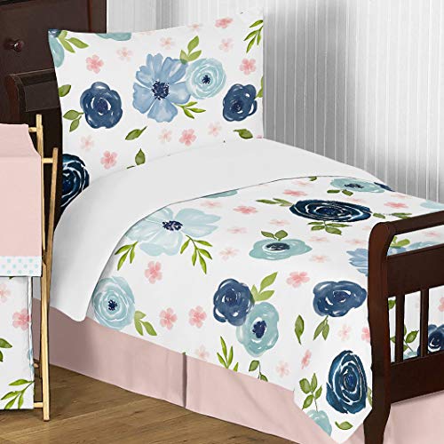 Комплект спално бельо Sweet Jojo Designs Тъмно синьо и розово цвете с акварельным модел за малки момичета, Детско Одеало,