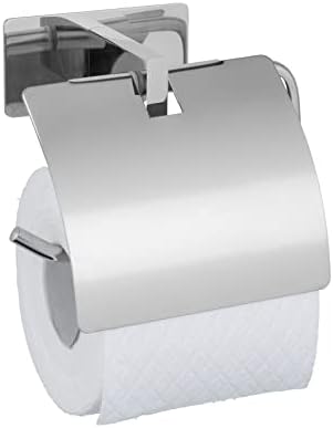 Титуляр на ролка тоалетна хартия, WENKO Turbo-Loc® Генова Shine с капак, Стенен държач за ролка тоалетна хартия, закрепени без пробиване с помощта на система за лепило тампон