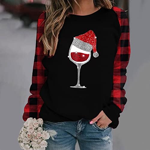 YMADREIG / Коледни Блузи за жени, Които Имат Всичко, Ежедневни Блузи с кръгло деколте и Принтом във формата на Чаша Вино, Блузи с дълъг ръкав