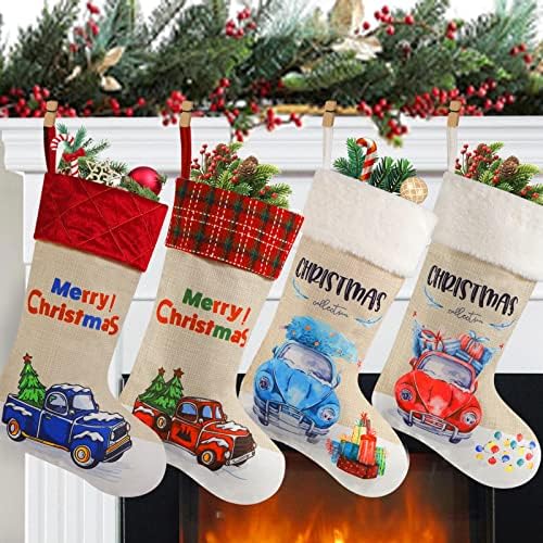 Коледни Чорапи LCJXCMY 4 Опаковки с изображение на Червен камион и Син Камион, 18 Коледни Чорапи с коледна надпис,