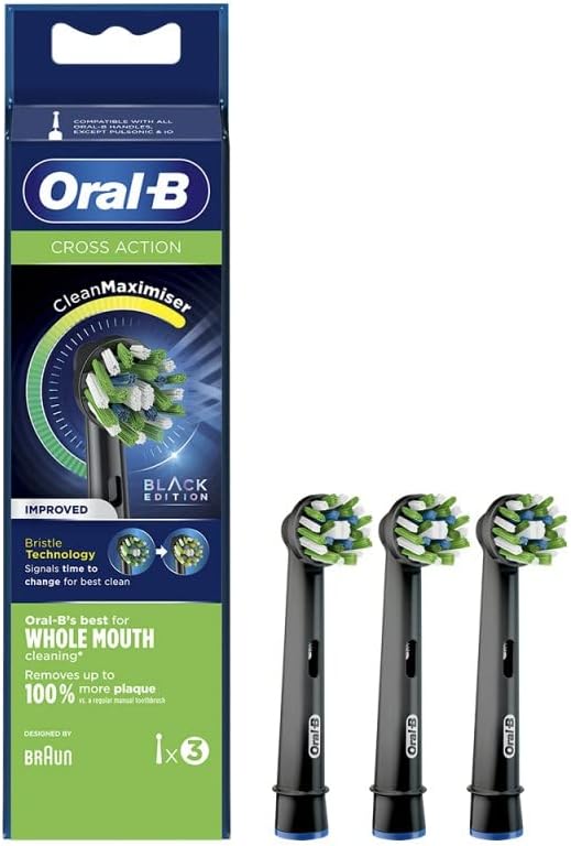 Сменяеми глави четка за зъби Oral-B CrossAction за електрическа четка за зъби Black Edition с технологията CleanMaximiser, Комплект от 3 Сменяеми глави