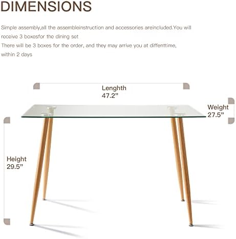 Стъклена маса Правоъгълна - маса за Хранене със стъклен плот, Модерен Прозрачен с Кухненски плот с дървена, метална