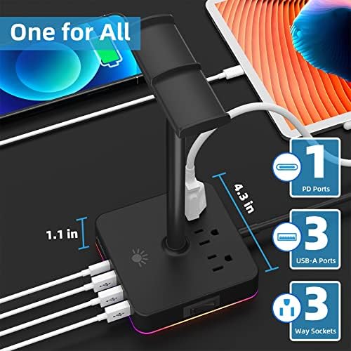 Поставка за слушалки и захранване 2-в-1, 3 USB порта за зареждане и 1 порт за зареждане на Type-C, 3 захранващи гнезда, RGB осветление, Аксесоари за слушалки за настолни геймъ?