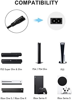 Захранващ кабел ac адаптер с 2 шипа, съвместим с PS4/PS4 Slim/PS5/PS3 Slim/Супер Слим PS3, Xbox One S/X, Xbox Series X/S,