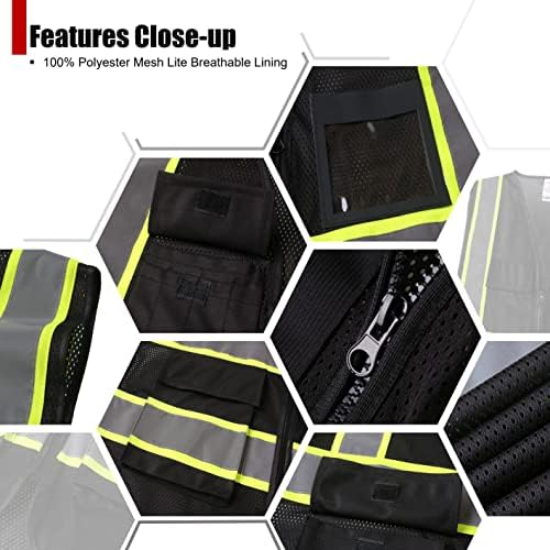 Защитни жилетки от черна вкара плат с висока видимост HATAUNKI с 8 джобове и преден цип, жилетка за безопасност