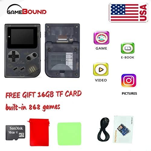 Gamebound - Преносима игрова система в ретро стил (черна, прозрачна ), карта с памет 16 GB, подарък чанта за носене, класически