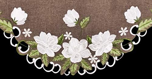 Красиви Цветя Модел с бяла магнолией и бродирани зелени листа по Ръбовете на Кафяво Лененото Каминном шарфе от полиестер, Интериор
