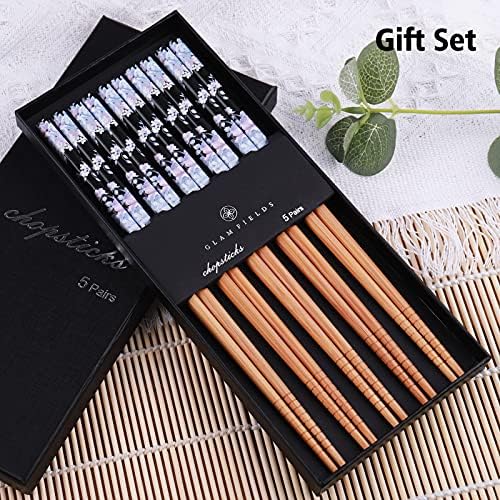 Бамбукови пръчки за хранене GLAMFIELDS за еднократна употреба в японски стил, лесен подаръчен комплект от 5 чифта пръчици