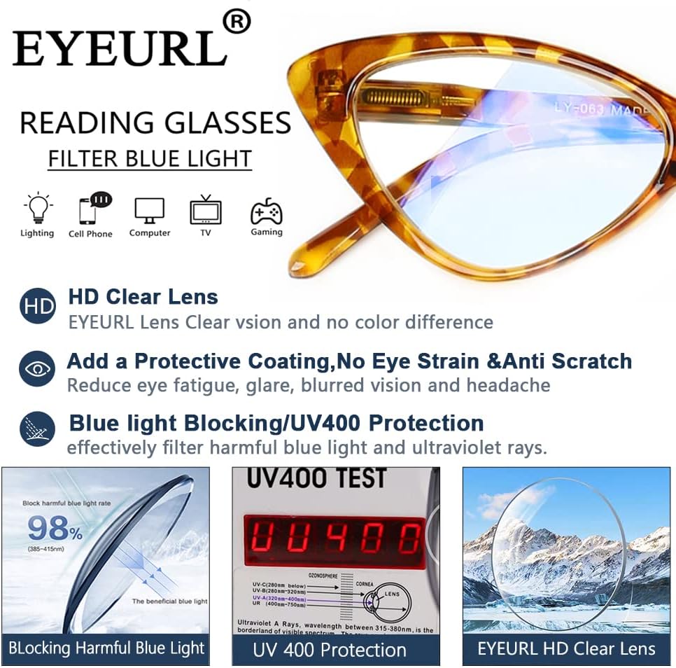 Дамски очила за четене EYEURL в опаковка от 4 теми, Модни Очила Котешко око, Блокер Синя светлина, с кутия пролетта панти,
