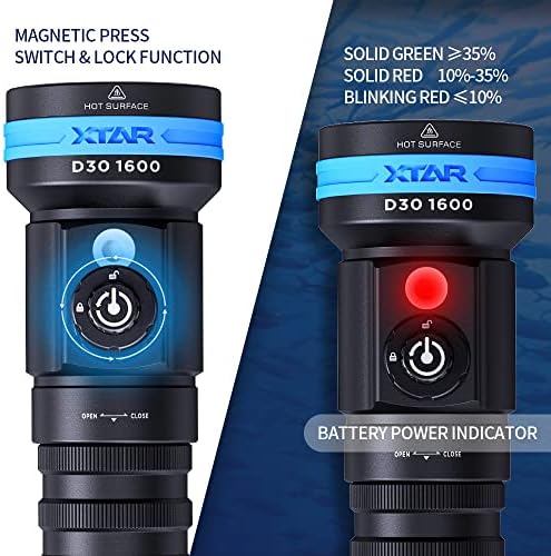 XTAR D30 1600 Лумена за запис на Видео с акваланг, Многоцветен led подводен фенер с широк ъгъл на лъча на 130 Градуса, Подводна лампа за снимане с потапяне на 100 метра (БЕЗ бат?