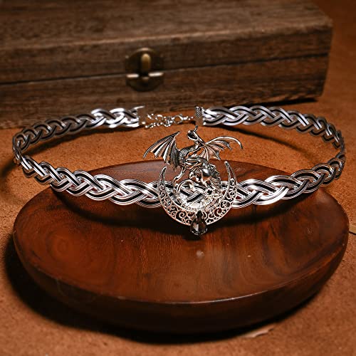 Coteeza короната на викингите с дракон и Луната, страхотна венец, келтски сплетен прическа, сребристо-черна превръзка на главата