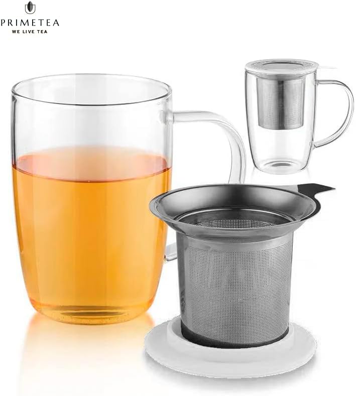Стъклена чаша за чай с приготвяне на чай и капак, Чаена чаша с много фина мрежа за заваряване на чай, Бистра, Капацитет: