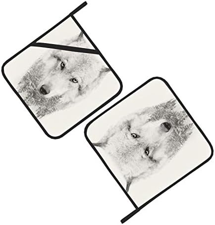 Квадратни кухненски ръкавици с Участието на Сивия Вълк и Животните, Топлоустойчива Горещи Подложки, Определени Прихваток от 2 теми 8 × 8 Инча за Готвене и Печене