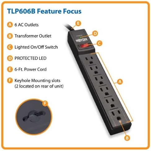 Захранващ кабел за защита от пренапрежение за контакт Трип Lite 6, 6 фута кабел, 790 Джоулей, Черен, ЗАСТРАХОВКА в размер на 20 000 щатски долара (TLP606B)