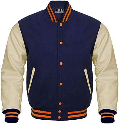 Мъжки бейзболни университетски якета Billa Letterman Колаж с ръкави от натурална вълна и естествена кожа (опции на командни цвята) (тъмно-кремаво-оранжеви ивици, XL)