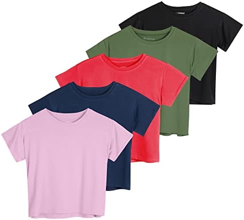 5 Опаковки: Женски Съкратен топ Dry Fit - Еластична спортна тениска с кръгло деколте и къс ръкав (на разположение в големи