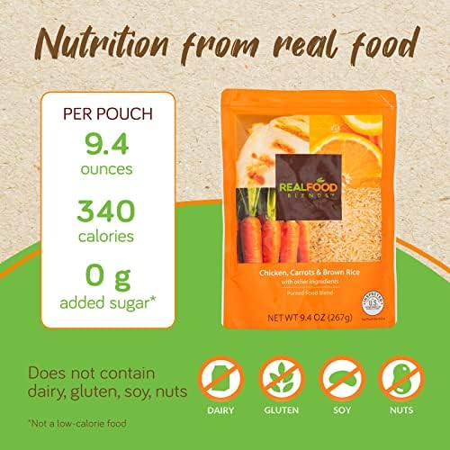 Real Food Смесва Пиле, Моркови и кафяв ориз, картофено пюре във формата за тръби, пакет обем 9,4 грама (опаковка от 12 пакетчета)