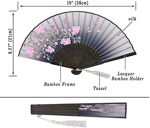 Сгъваеми ръчни фен Leehome за жени -Китайски Японски 4шт Реколта Бамбукови Копринени Фен - за танци, музикален фестивал, сватби, партита, подарък. (Сиви и лилави пеперуди