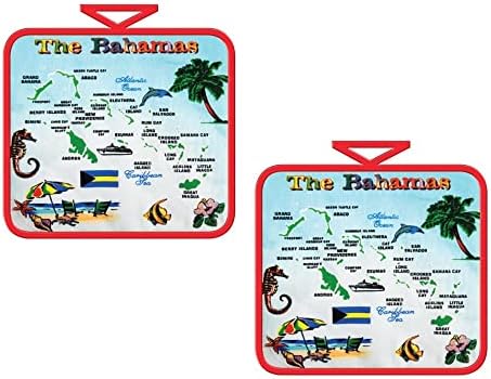 Държач за тенджери Карта на Бахамските Острови Спомен от естествен памук Комплект кухненски прихваток от 2 теми чудесно за кухненски повърхности за защита на тенд?
