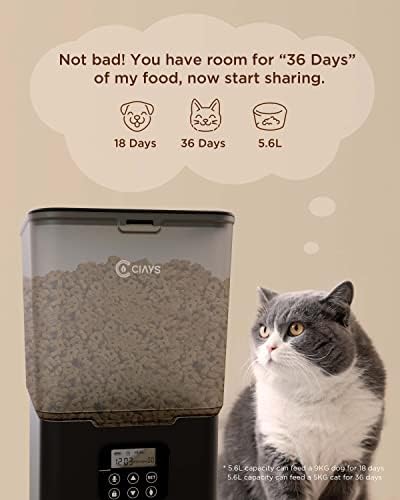 Ciays Автоматични Хранилки за котки, Захранващи Котешки храна обем 5,6 Л, До 20 Порции, 4 хранения На Ден, Опаковка Суха