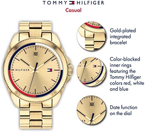 Мъжки ежедневни часовници Tommy Hilfiger с кварц от неръждаема стомана и гривната, Цвят: Златен (модел: 1791686)