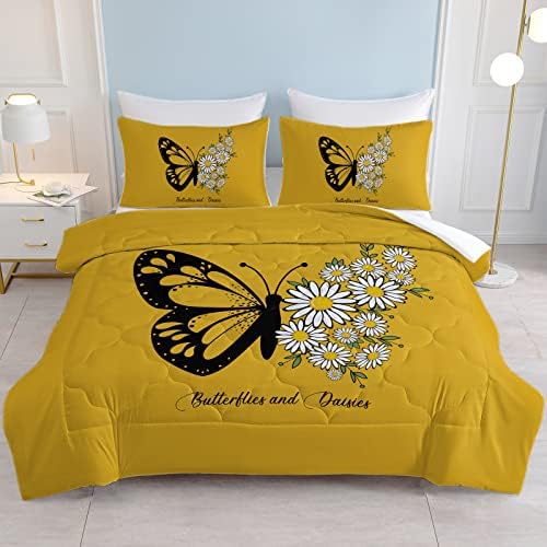 SOULZZZ Комплект Спално бельо с Черна Папийонка Queen - Меки Комплекти Спално бельо с Жълта Пеперуда с Цвете Маргаритки,