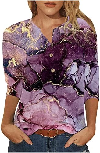 Annhoo Блуза, Риза за Дами Лято Есен Облекло с 3/4 ръкав Кръгъл Отвор Графичен Копчета Подпушка Нагоре Капри Lounge
