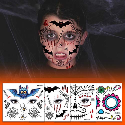 Детска Временна Татуировка за Лице на Хелоуин, 12 Опаковки, Ден на мъртвите, Тиква, Прилеп, Захарен Череп, Паяжини,