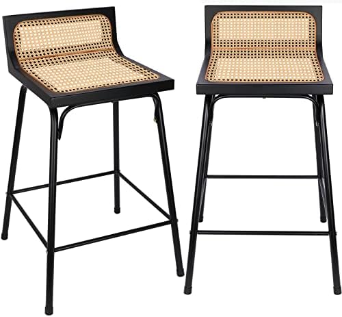 Бар столове с Височина на скарата, Комплект от 2 Продуктова столове, Бар стол от ратан, Черни Столове за хранене, Метални