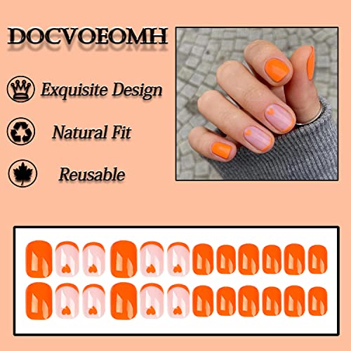 Оранжеви френски накрайници за нокти, къси, квадратни DOCVOEOMH, Режийни ноктите с прости модерен дизайн във формата на