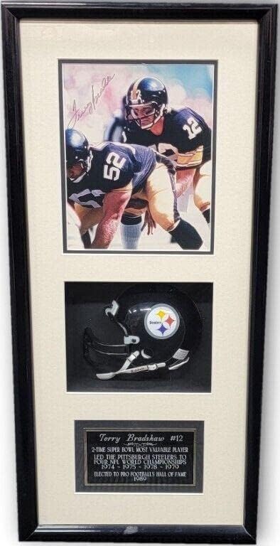 Тери Брадшоу Подписа Снимка в рамка с автограф с мини-каска Стийлърс - Мини-Каски NFL с автограф