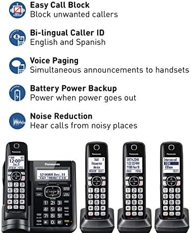 Безжична телефонна система Panasonic с гласова поща, блокиране на повикване с едно докосване, подобрен шумопотискане, идентификатор