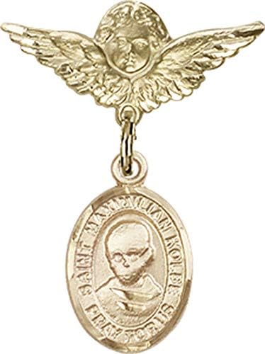 Детски икона Jewels Мания за талисман на Свети Максимилиан Кольбе и пин Ангел с крила | Детски икона от 14-каратово