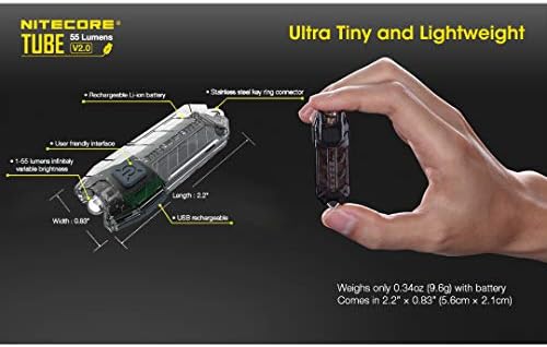 Nitecore Tube V2.0 55 Лумена USB Акумулаторна Ultralight Ключодържател-Фенерче с Кабел за зареждане на LumenTac Micro